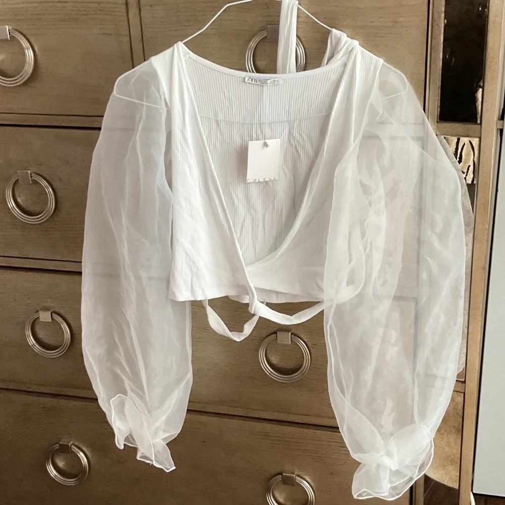 Zara White Sheer Organza Puff-Sleeve Tie-Front Top